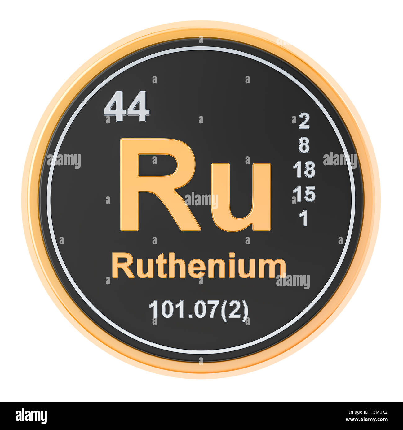 Il rutenio Ru elemento chimico. 3D rendering isolati su sfondo bianco Foto Stock