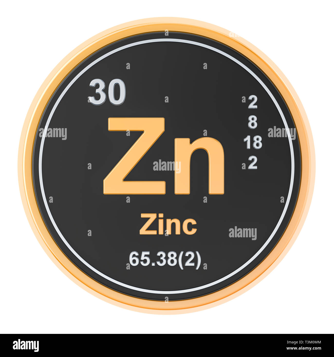 Zinco Zn elemento chimico. 3D rendering isolati su sfondo bianco Foto Stock
