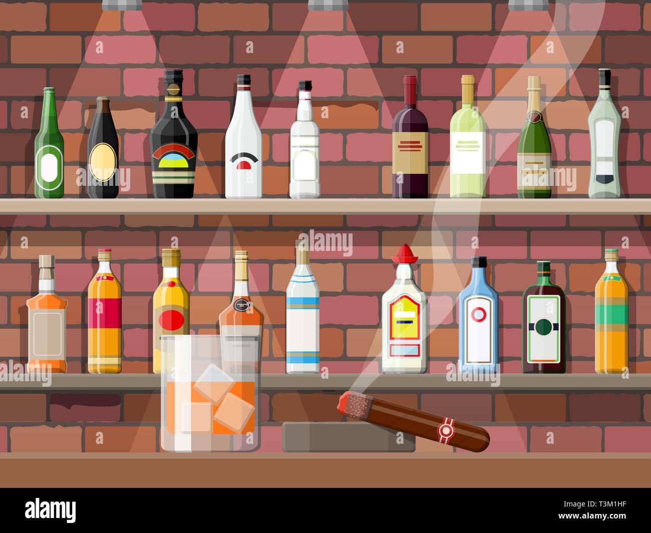 Bicchiere di whiskey con sigaro e posacenere. Stabilimento potabile. Interno del pub, cafe bar o. Bancone bar, sedie e scaffali con bottiglie di alcol. V Illustrazione Vettoriale