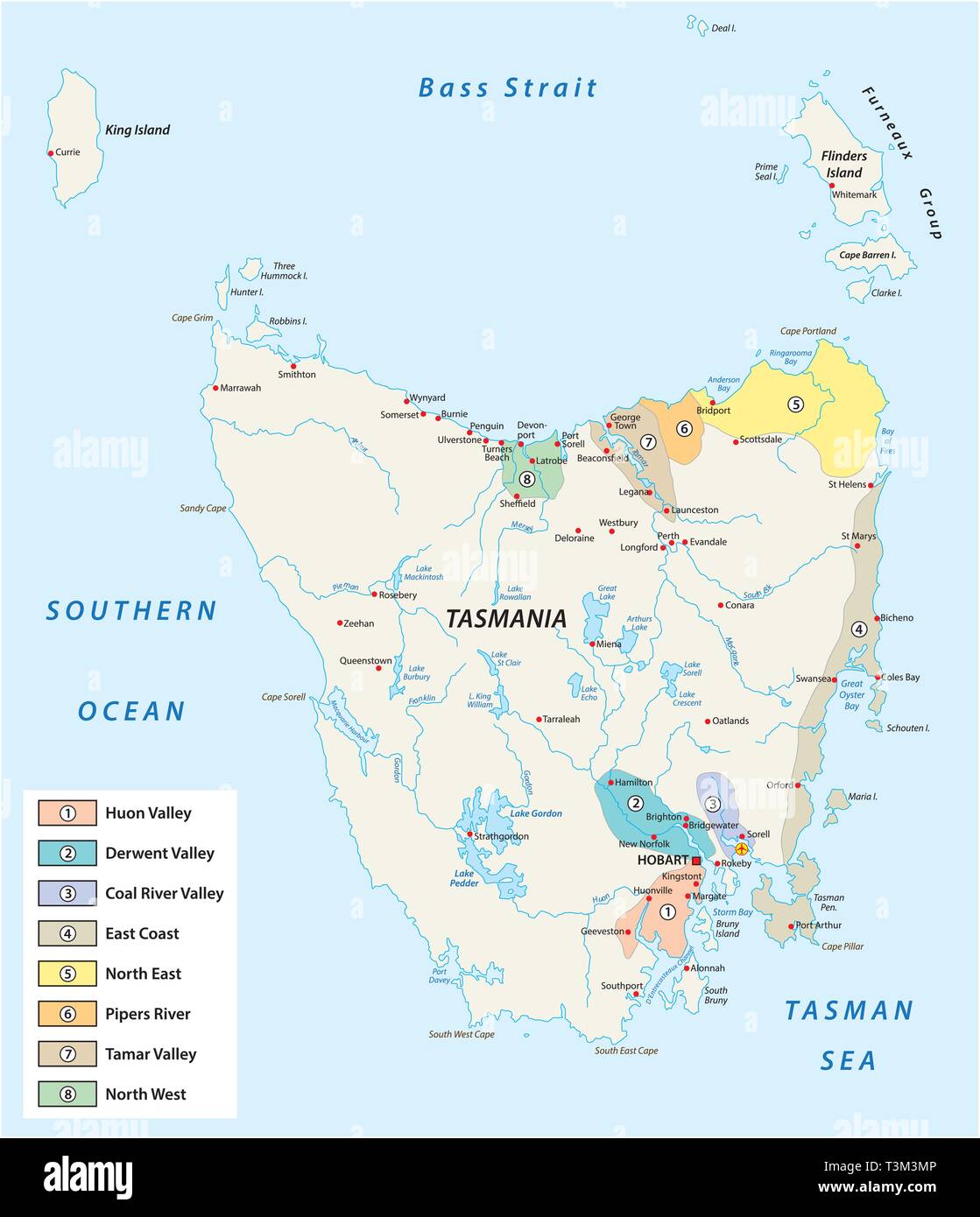 La Tasmania le regioni del vino e vigneti mappa vettoriale Illustrazione Vettoriale