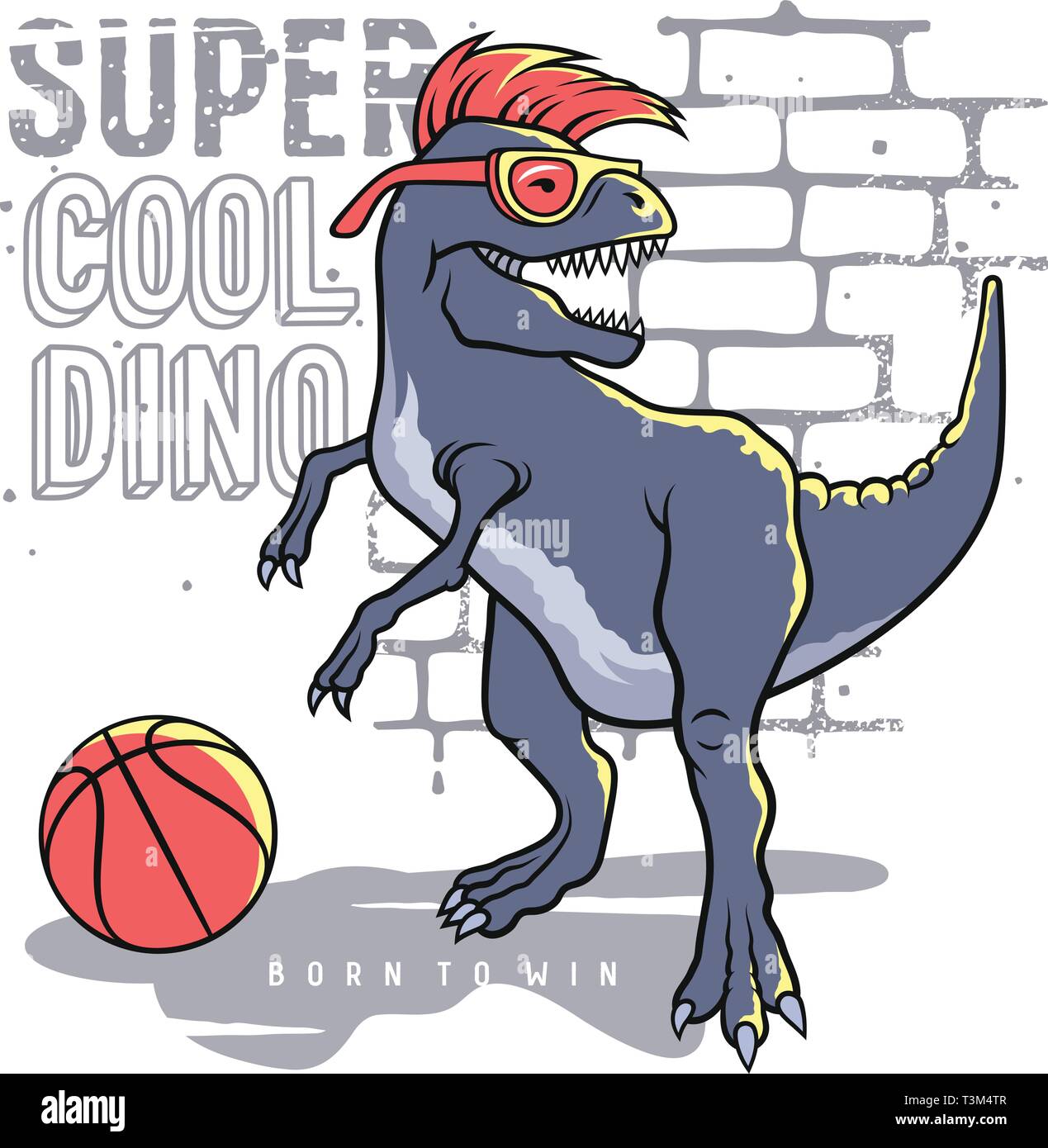 Dinosauro e slogan tipografia per t shirt design. Tyrannosaur Rex giocare a basket sullo sfondo di un muro di mattoni. Athletic tee grafica. Vettori Illustrazione Vettoriale