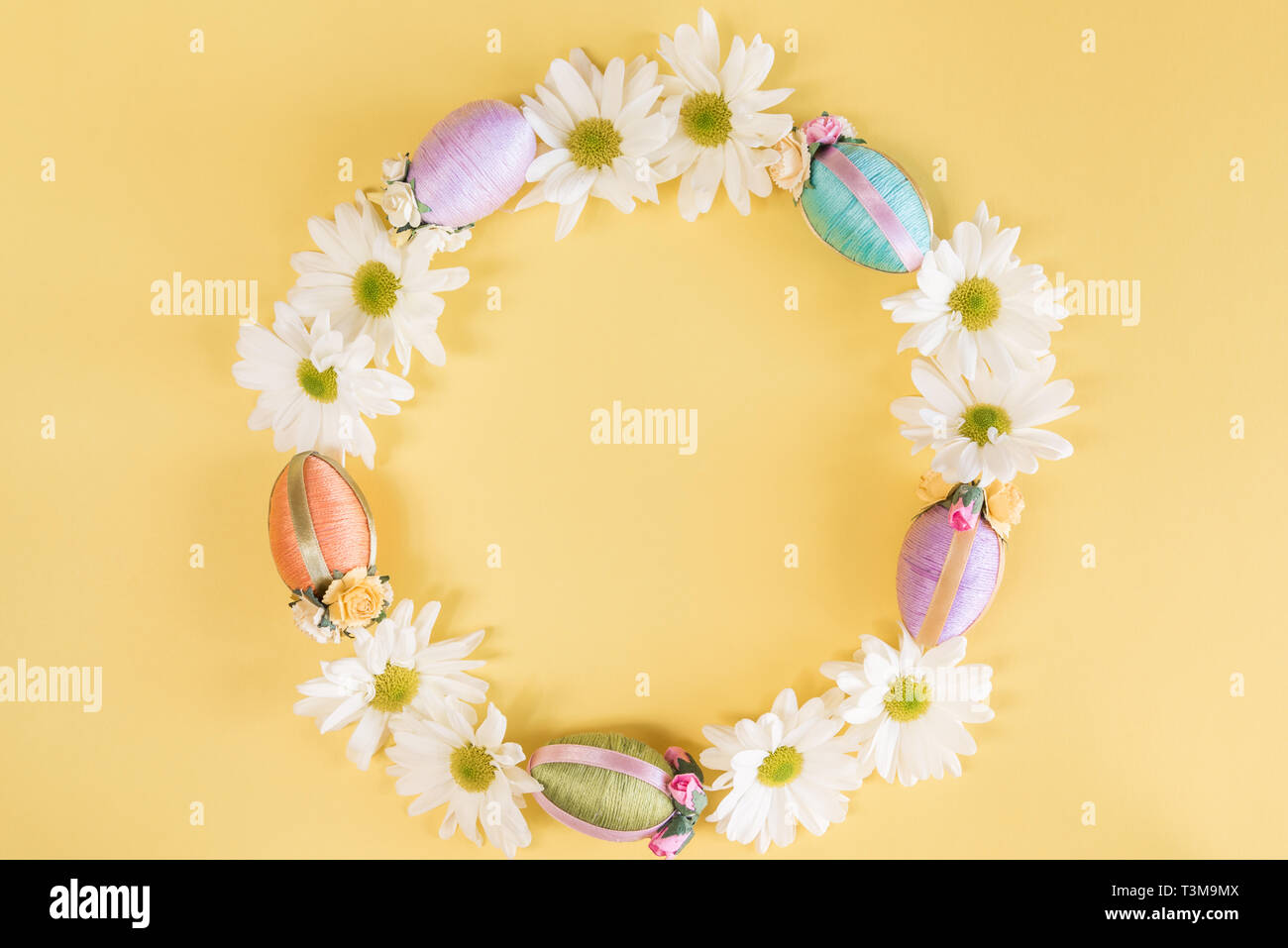 Ghirlanda di uova di Pasqua e margherite bianco sul solido giallo pastello sullo sfondo Foto Stock