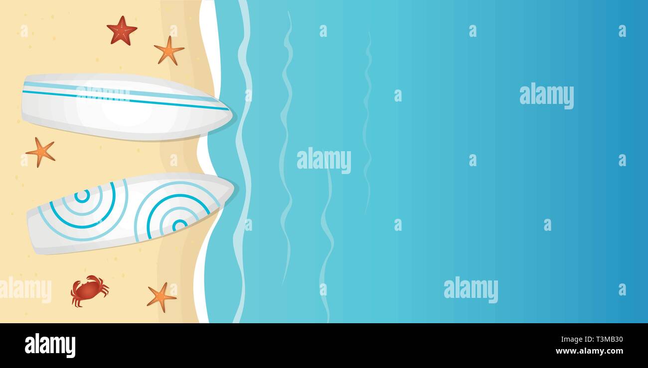Due tavole da surf in spiaggia con stella di mare vacanze estate design con spazio copia illustrazione vettoriale EPS10 Illustrazione Vettoriale