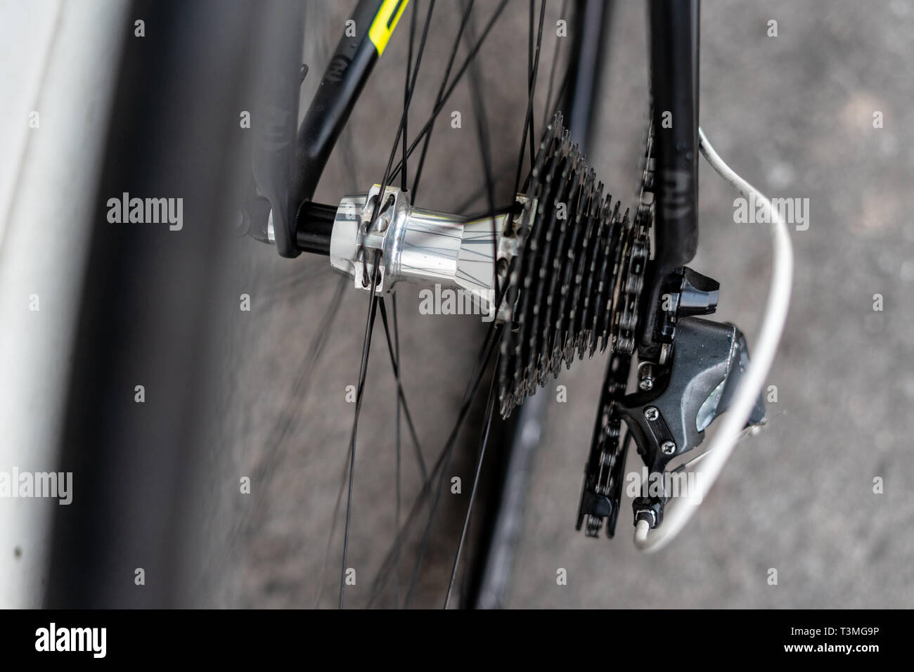 Bicicletta da strada posteriore mozzo ruota con velocità multipla la cassetta e la catena con razze e cerchio Foto Stock