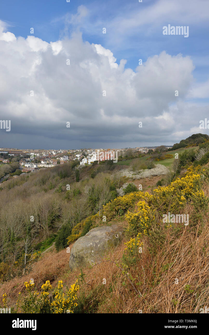 Clive Vale zona osservata dal country park a east hill. Hastings, East Sussex, England, Regno Unito Foto Stock