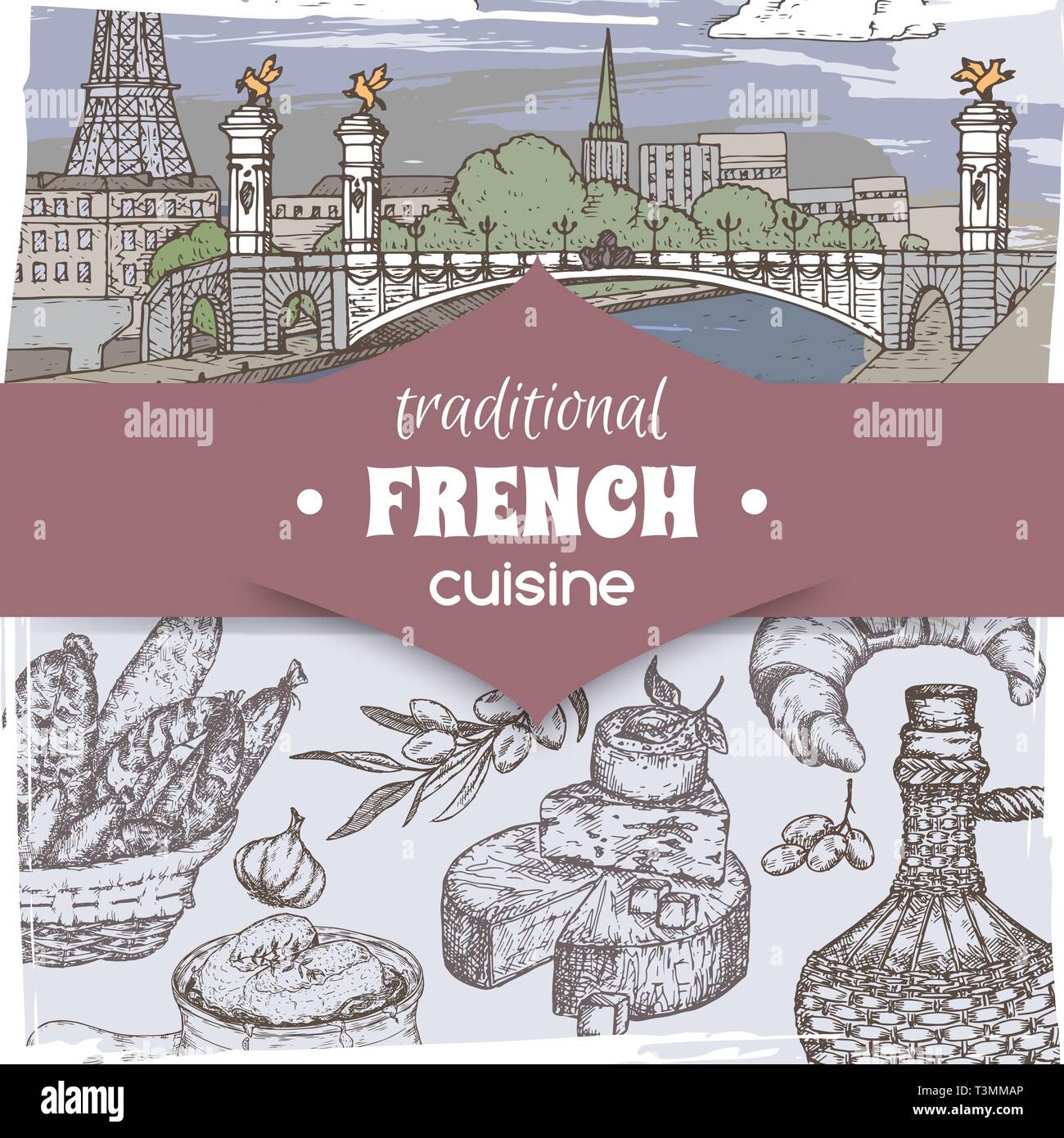 Cucina francese modello a colori del paesaggio di Parigi, bottiglia di vino e formaggio, croissant e la zuppa di cipolla, olive e salsicce. Illustrazione Vettoriale