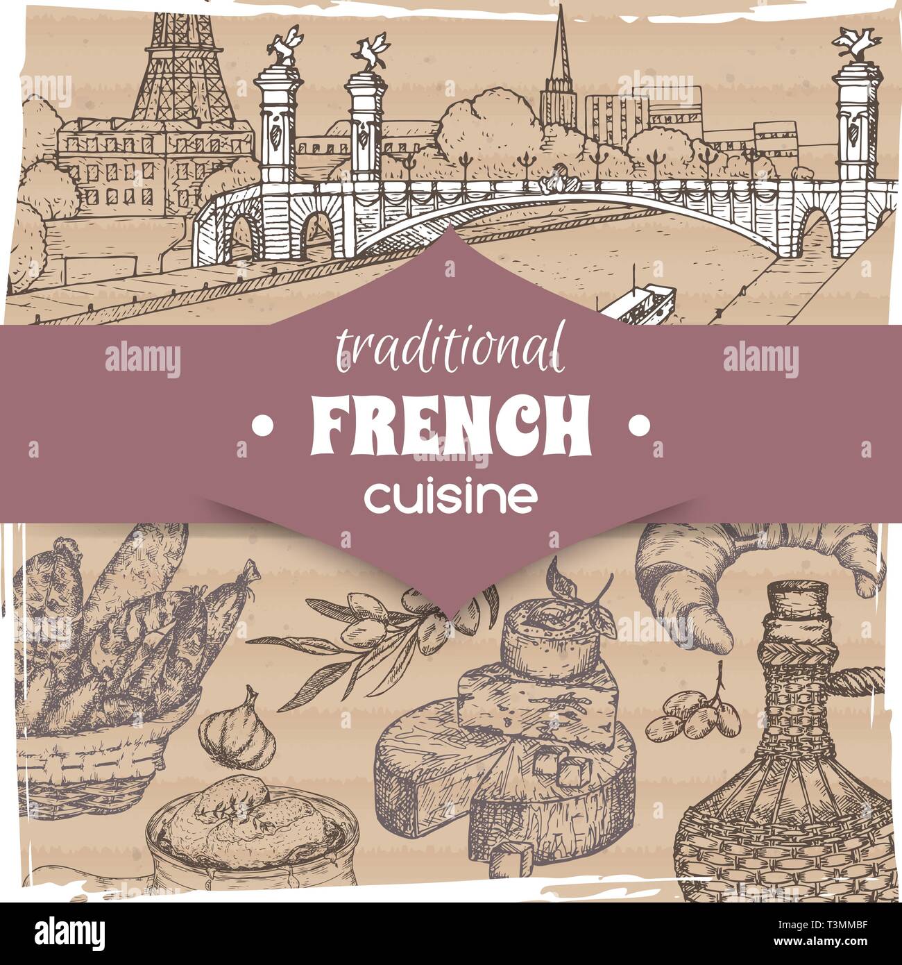 Cucina francese modello paesaggio di Parigi, bottiglia di vino e formaggio, croissant e la zuppa di cipolla, olive e salsicce. Illustrazione Vettoriale