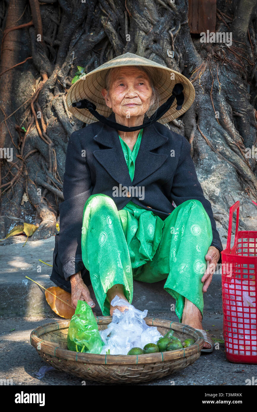 Vecchia donna vietnamita la vendita di una piccola quantità di frutti da un cestello, sulla strada del vecchio mercato della frutta, Hoi An, Quang Nam Provence, Vietnam Asia Foto Stock