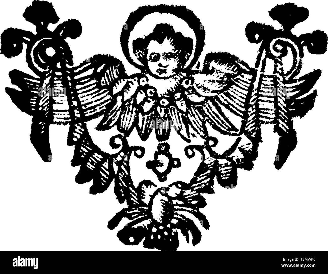 Antico disegno vettoriale o incisione di classic vintage grunge floral design decorativo di angelo cristiano.Dal libro Die Betrubte und noch ihrem Beliebten Geussende Turteltaube, stampato in Praga, Impero Austriaco, 1716. Illustrazione Vettoriale