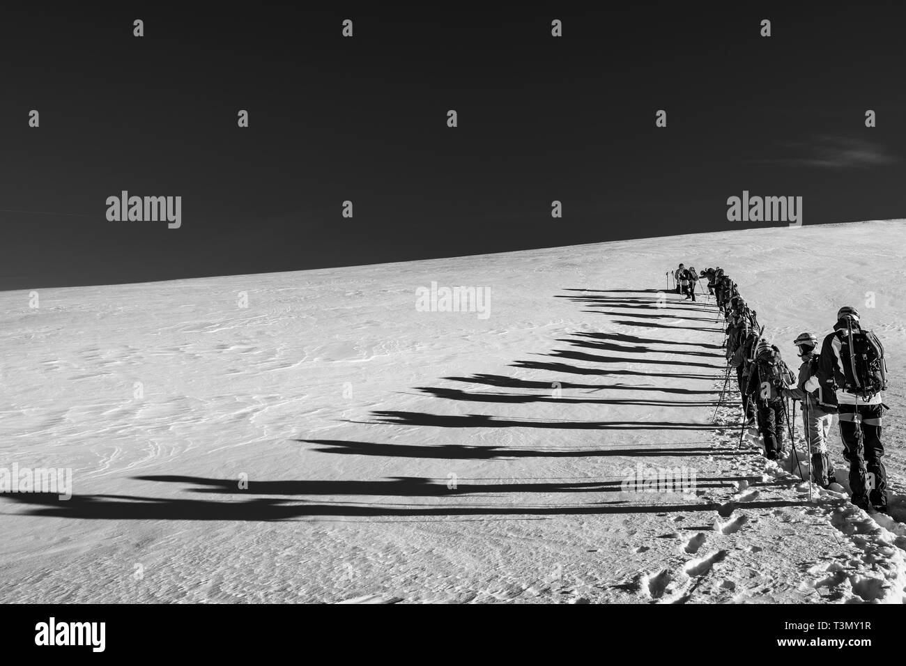 Ombre lunghe del gruppo di escursionisti salendo verso il vertice Tarcu, Romania Foto Stock