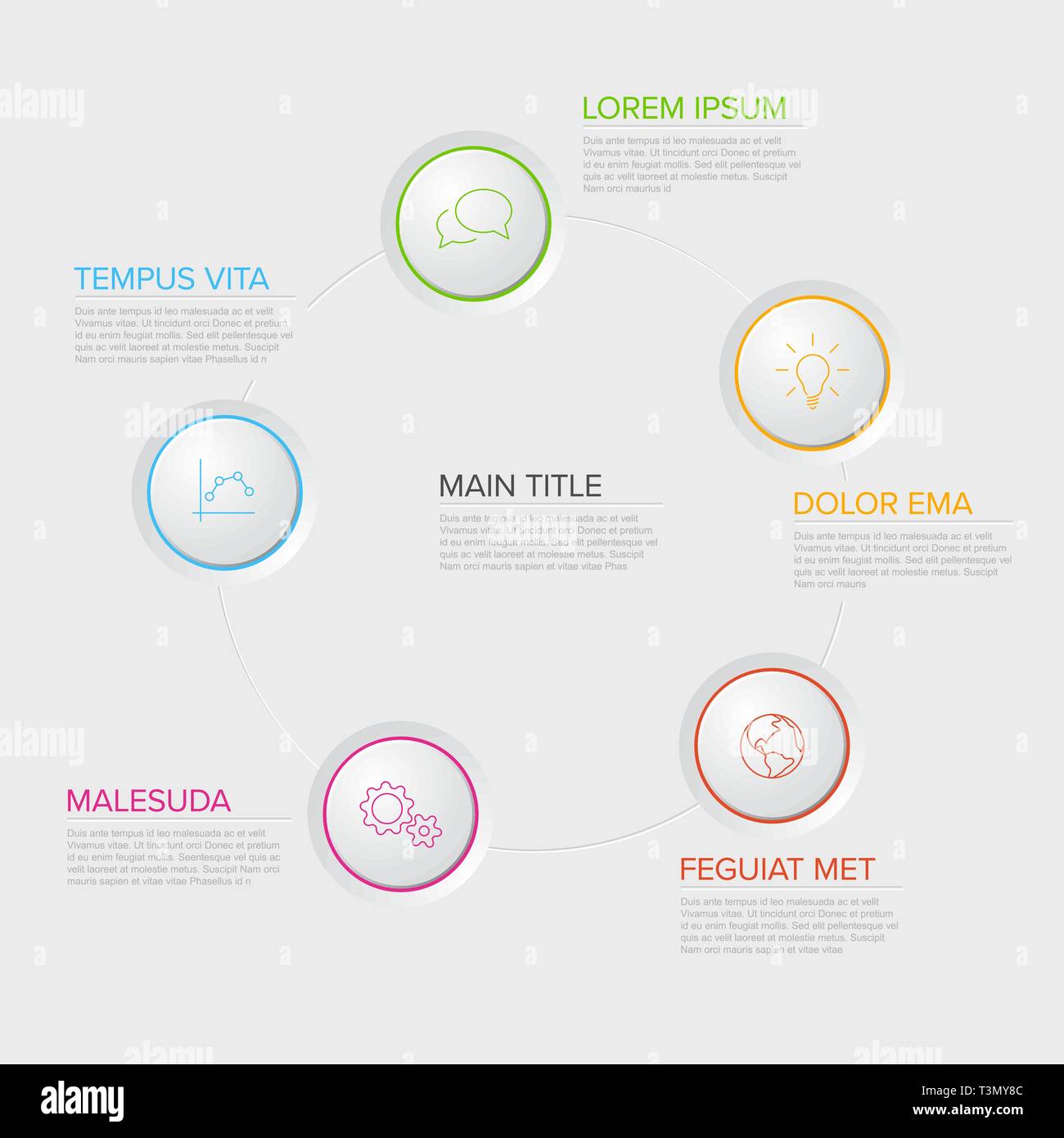 Cinque cerchi schema modello con cerchio colore pulsanti - infografico multiuso Illustrazione Vettoriale