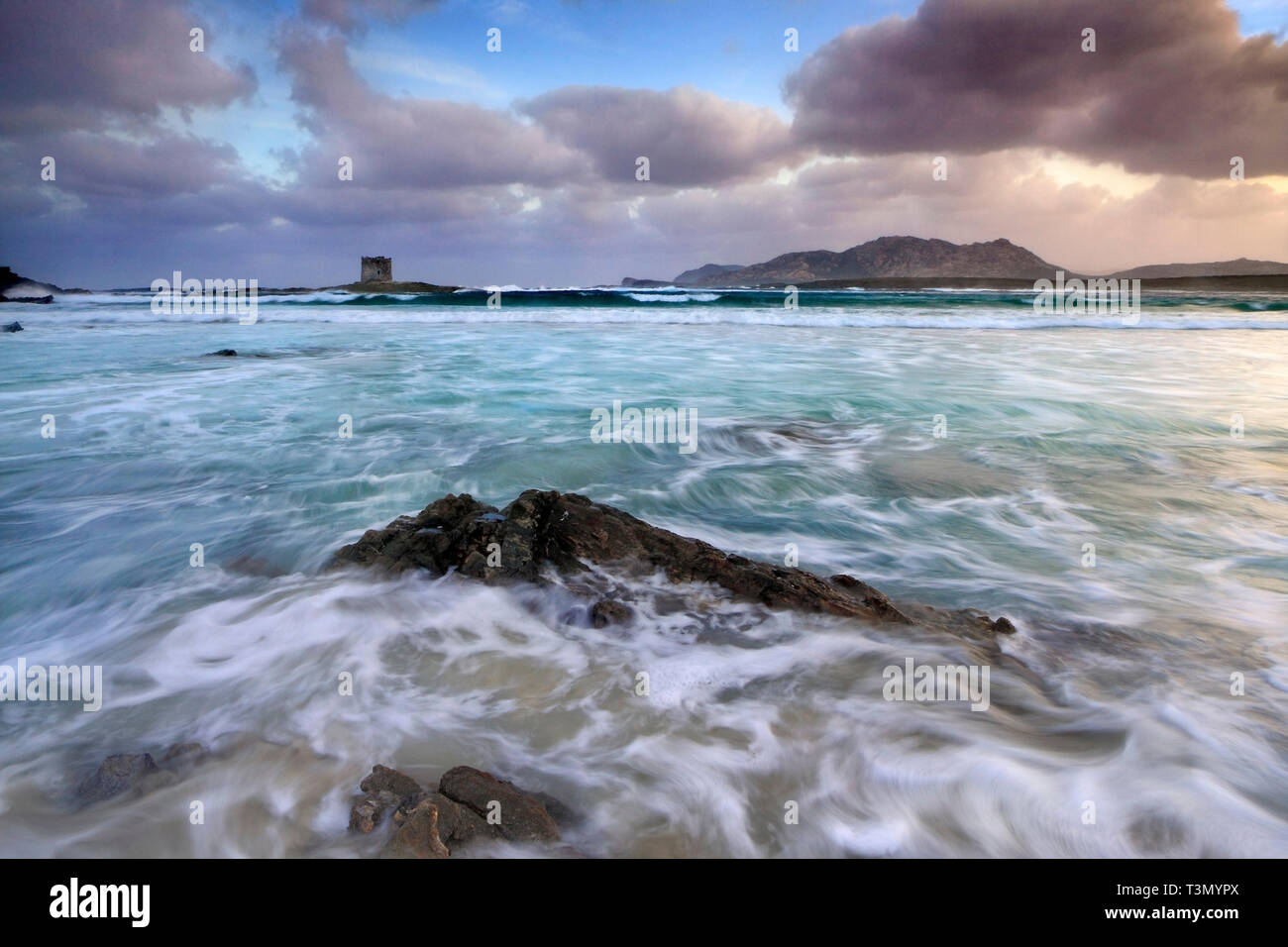 Una vista all alba del meraviglioso, tropicale-come la spiaggia della Pelosa vicino a Stintino, in Sardegna, con il XVI secolo Genovese torre di avvistamento e Foto Stock