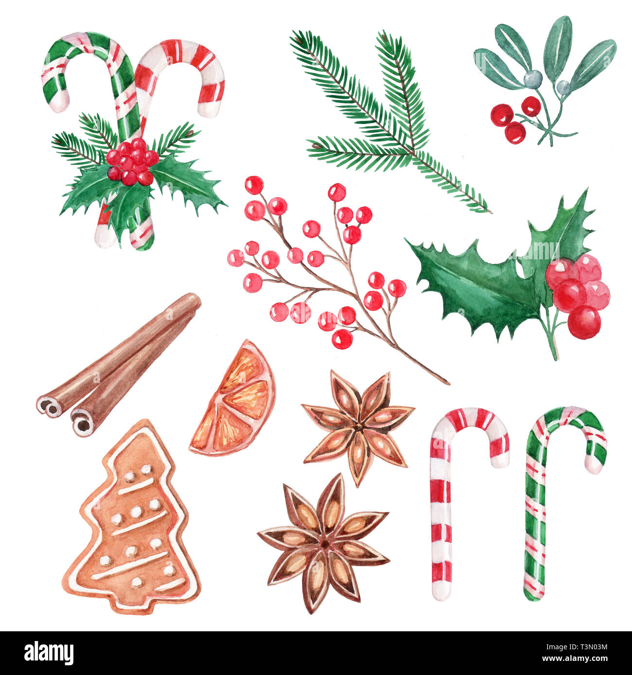 Set di elementi di Natale, bacche rosse, lecca-lecca, agrifoglio, cannella, vischio, lo zenzero cookie, disegnati a mano illustrazione, acquerello Foto Stock