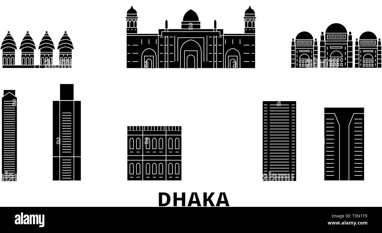 Bangladesh, Dhaka piatta sullo skyline di viaggio set. Bangladesh, Dhaka città nero illustrazione vettoriale, simbolo, siti di viaggi, punti di riferimento. Illustrazione Vettoriale