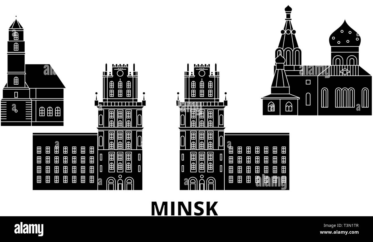 La Bielorussia Minsk piatta sullo skyline di viaggio set. La Bielorussia Minsk città nero illustrazione vettoriale, simbolo, siti di viaggi, punti di riferimento. Illustrazione Vettoriale