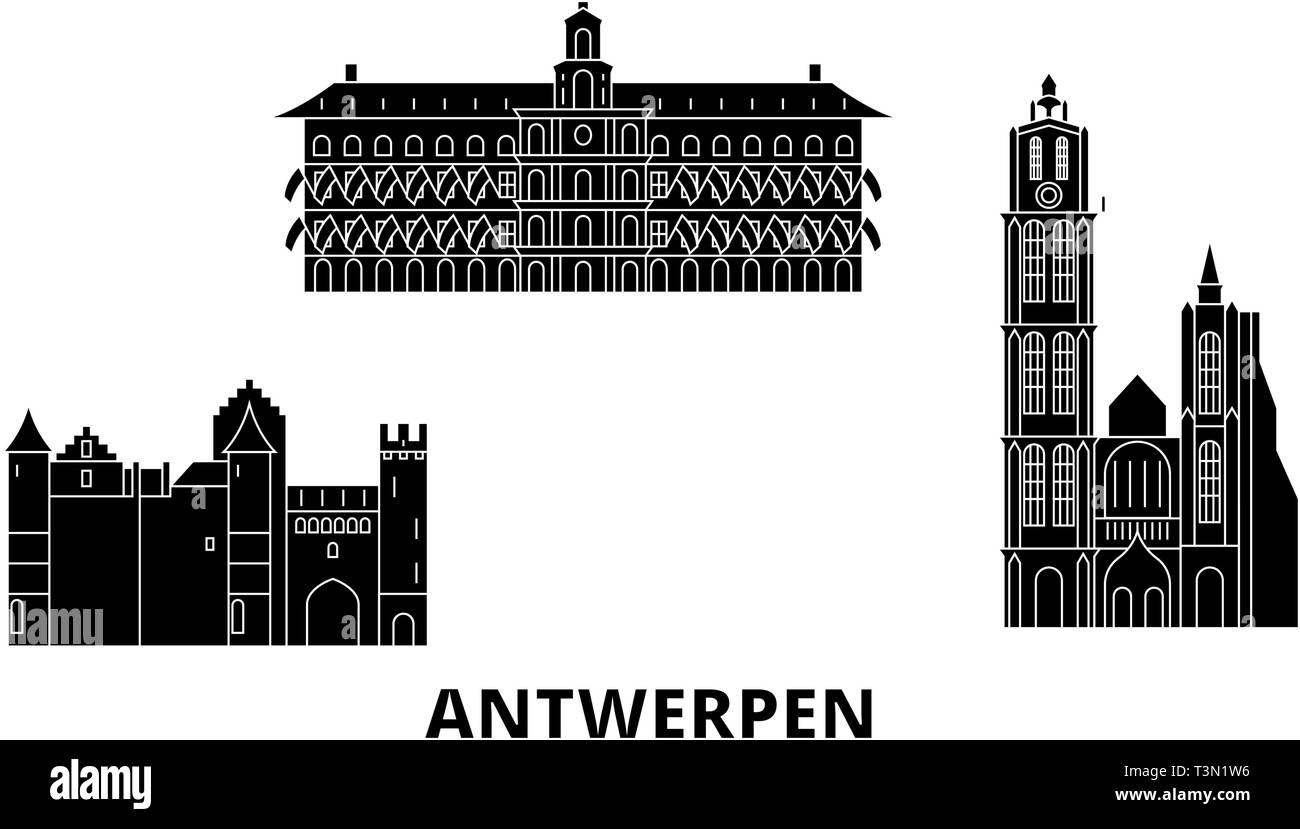 Belgio, Antwerpen piatta sullo skyline di viaggio set. Belgio, Antwerpen città nero illustrazione vettoriale, simbolo, siti di viaggi, punti di riferimento. Illustrazione Vettoriale