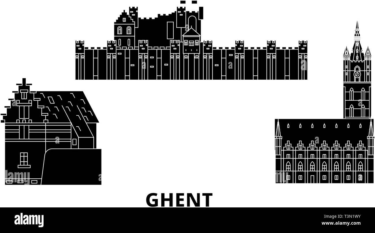 Belgio, Gand piatta sullo skyline di viaggio set. Belgio, Gand città nero illustrazione vettoriale, simbolo, siti di viaggi, punti di riferimento. Illustrazione Vettoriale