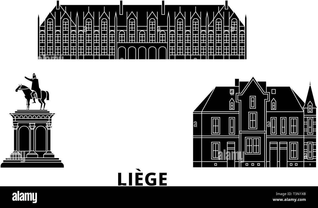 Belgio, Liege piatta sullo skyline di viaggio set. Belgio, Liege City nero illustrazione vettoriale, simbolo, siti di viaggi, punti di riferimento. Illustrazione Vettoriale