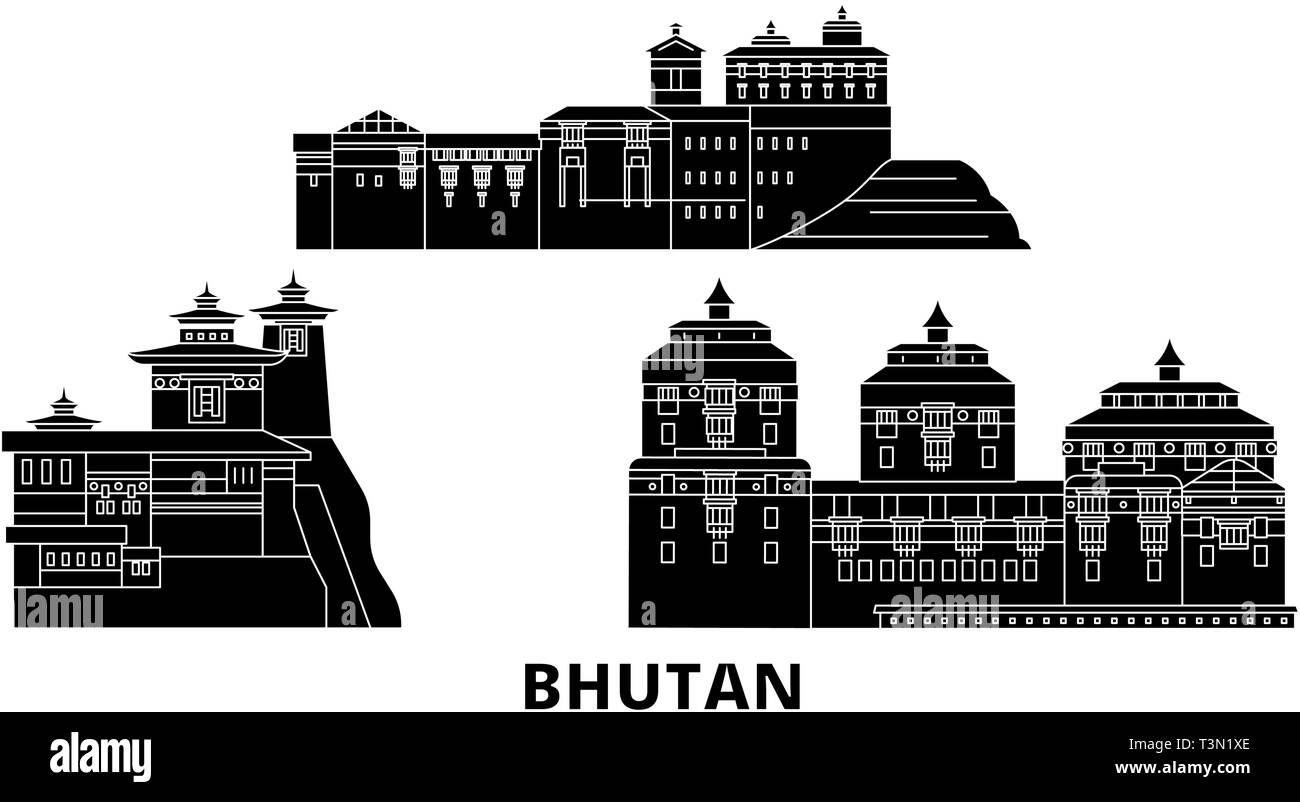 Il Bhutan piatta sullo skyline di viaggio set. Il Bhutan città nero illustrazione vettoriale, simbolo, siti di viaggi, punti di riferimento. Illustrazione Vettoriale