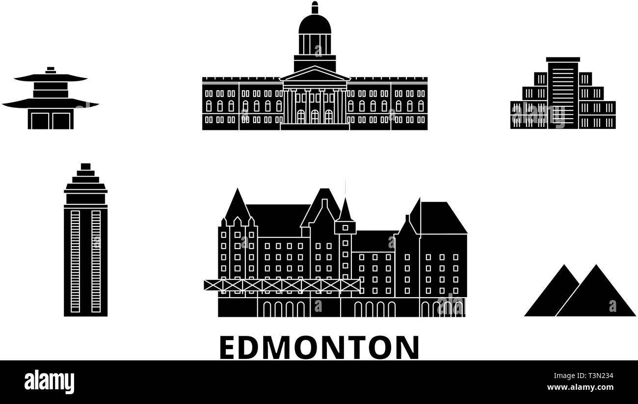 Canada, Edmonton piatta sullo skyline di viaggio set. Canada, Edmonton città nero illustrazione vettoriale, simbolo, siti di viaggi, punti di riferimento. Illustrazione Vettoriale