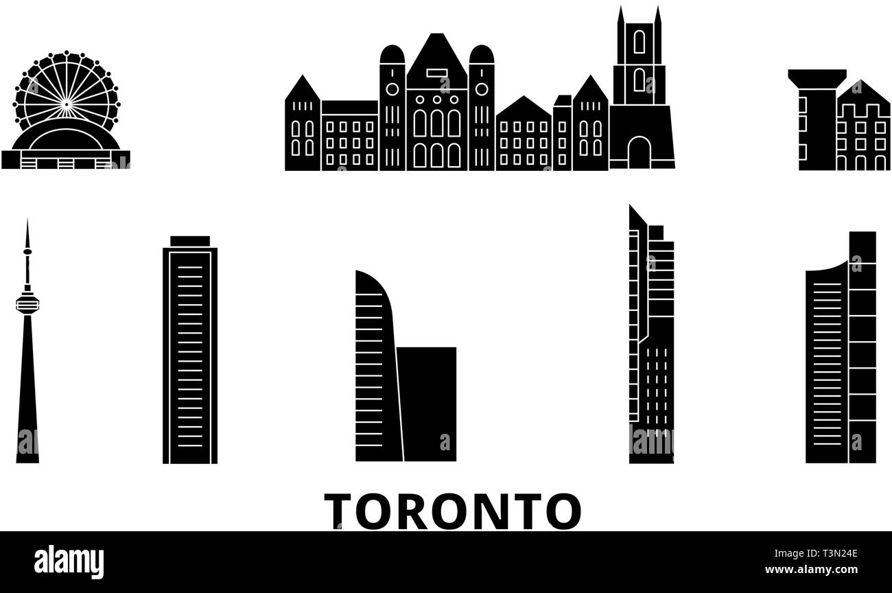 Canada Toronto piatta sullo skyline di viaggio set. Canada Toronto città nero illustrazione vettoriale, simbolo, siti di viaggi, punti di riferimento. Illustrazione Vettoriale