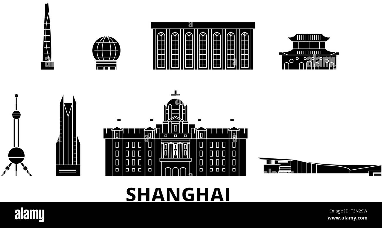 Cina, Shanghai piatta sullo skyline di viaggio set. Cina Shanghai città nero illustrazione vettoriale, simbolo, siti di viaggi, punti di riferimento. Illustrazione Vettoriale