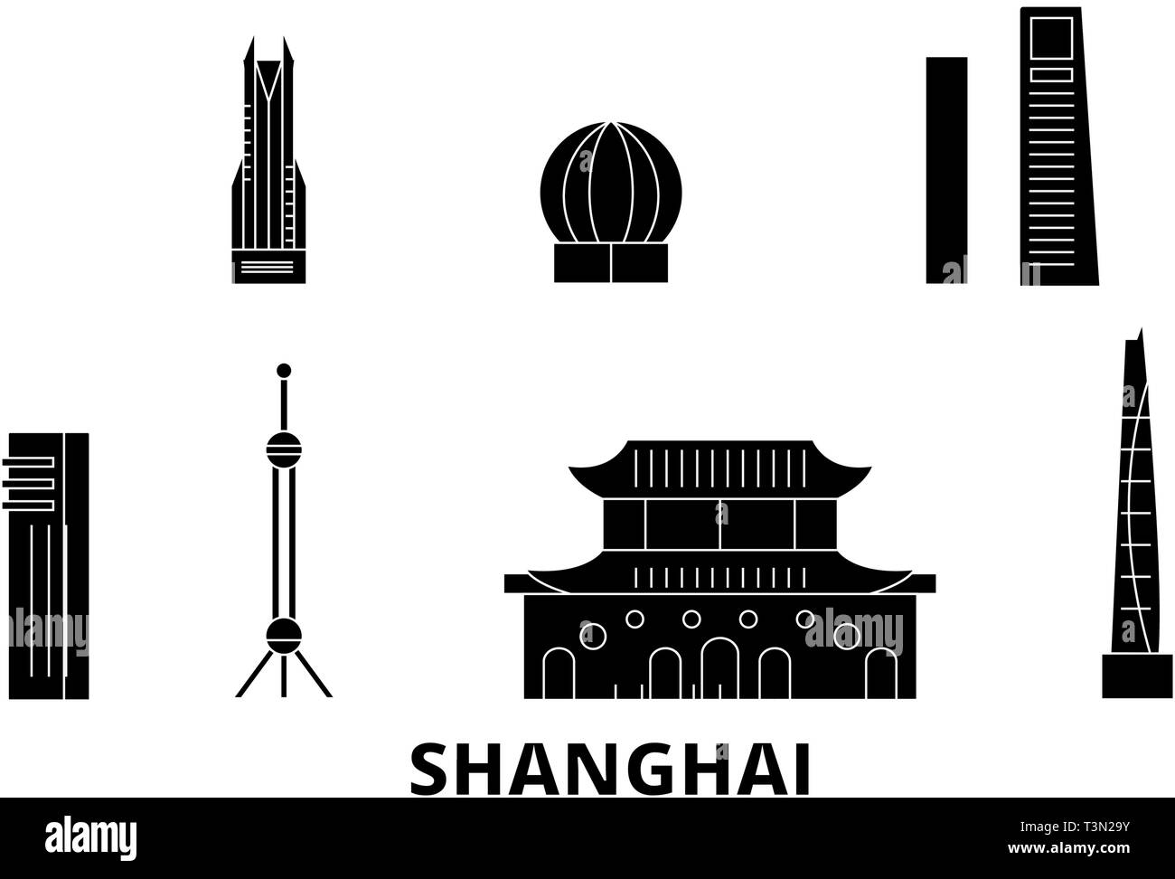 Cina Shanghai City flat skyline di viaggio set. Cina Shanghai City città nero illustrazione vettoriale, simbolo, siti di viaggi, punti di riferimento. Illustrazione Vettoriale