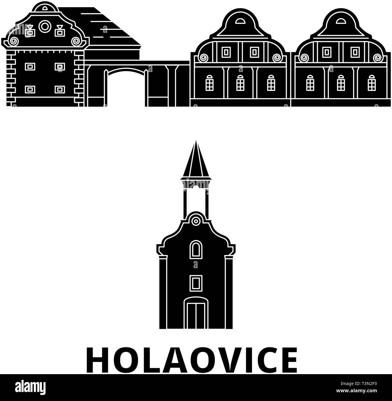 Repubblica ceca, Holasovice piatta sullo skyline di viaggio set. Repubblica ceca, Holasovice città nero illustrazione vettoriale, simbolo, siti di viaggi, punti di riferimento. Illustrazione Vettoriale