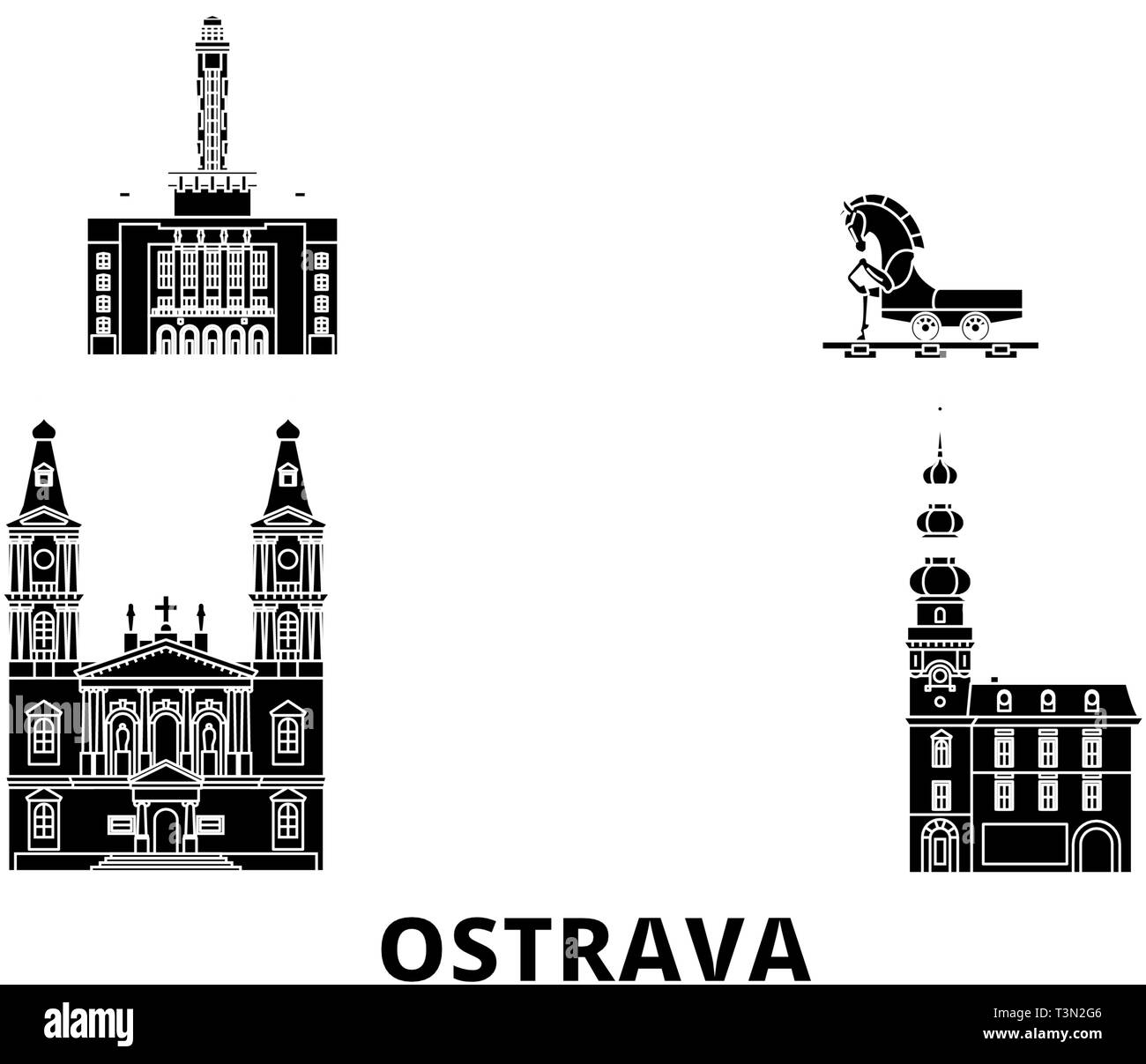 Repubblica ceca, Ostrava Appartamento skyline di viaggio set. Repubblica ceca, Ostrava città nero illustrazione vettoriale, simbolo, siti di viaggi, punti di riferimento. Illustrazione Vettoriale