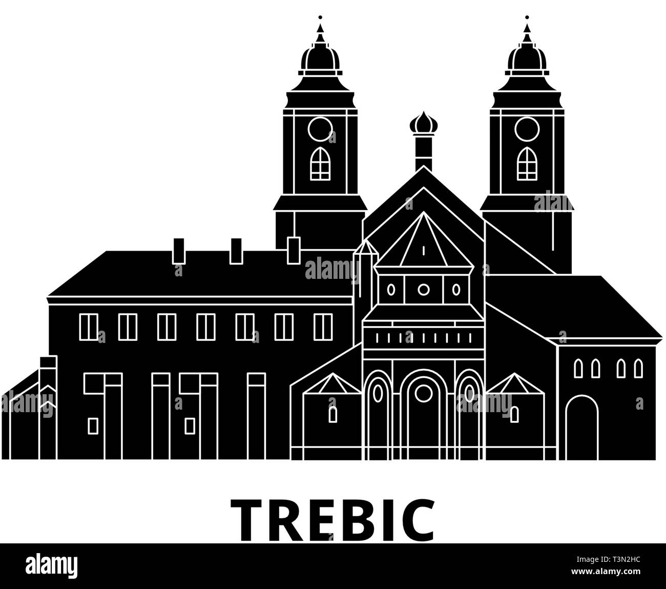 Repubblica ceca, Trebic piatta sullo skyline di viaggio set. Repubblica ceca, Trebic città nero illustrazione vettoriale, simbolo, siti di viaggi, punti di riferimento. Illustrazione Vettoriale