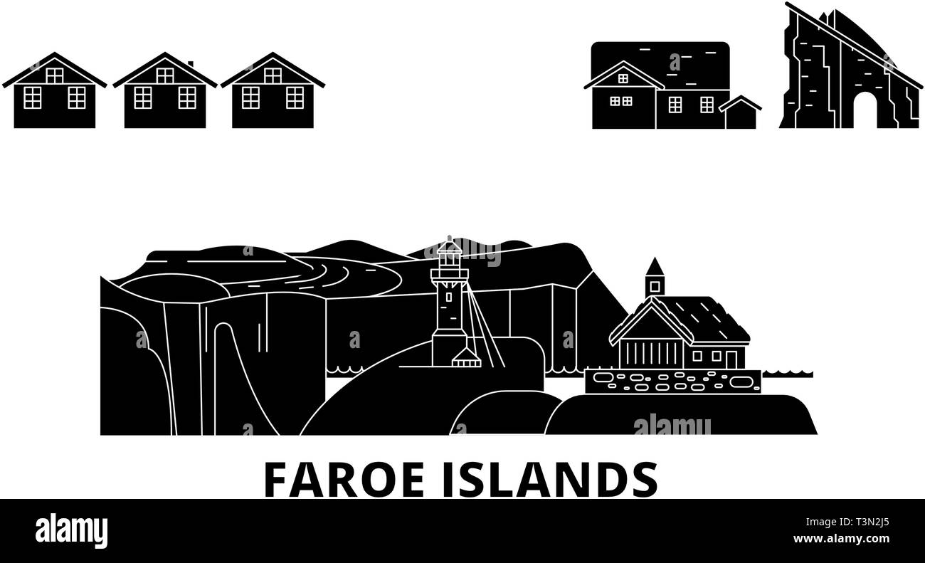 Danimarca, Isole Faerøer piatta sullo skyline di viaggio set. Danimarca, Isole Faerøer città nero illustrazione vettoriale, simbolo, siti di viaggi, punti di riferimento. Illustrazione Vettoriale