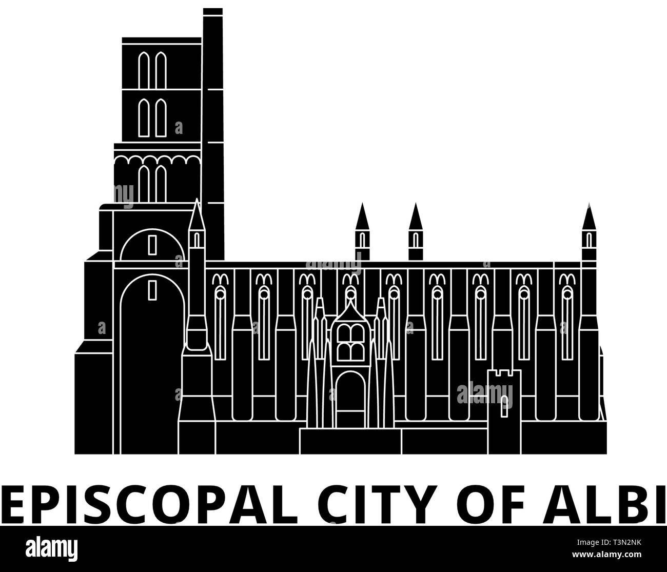 Francia, Albi piatta sullo skyline di viaggio set. Francia, Albi città nero illustrazione vettoriale, simbolo, siti di viaggi, punti di riferimento. Illustrazione Vettoriale