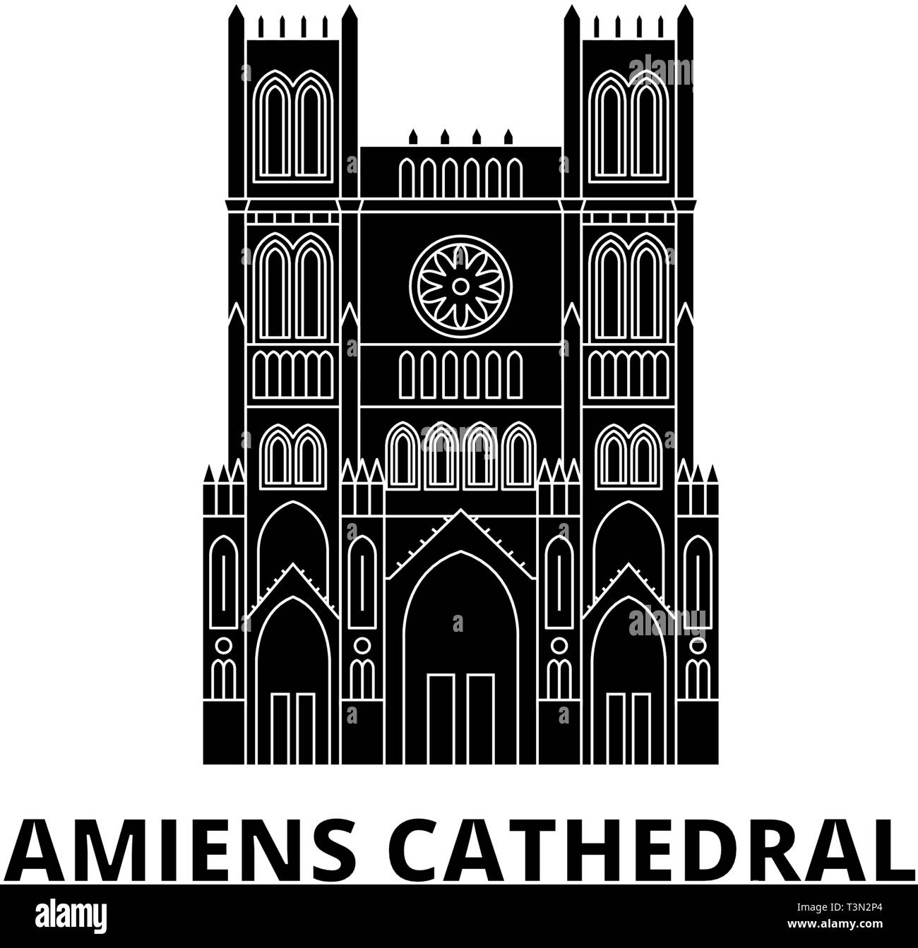 Francia, Cattedrale di Amiens Landmark piatta sullo skyline di viaggio set. Francia, Cattedrale di Amiens Landmark città nero illustrazione vettoriale, simbolo, siti di viaggio Illustrazione Vettoriale