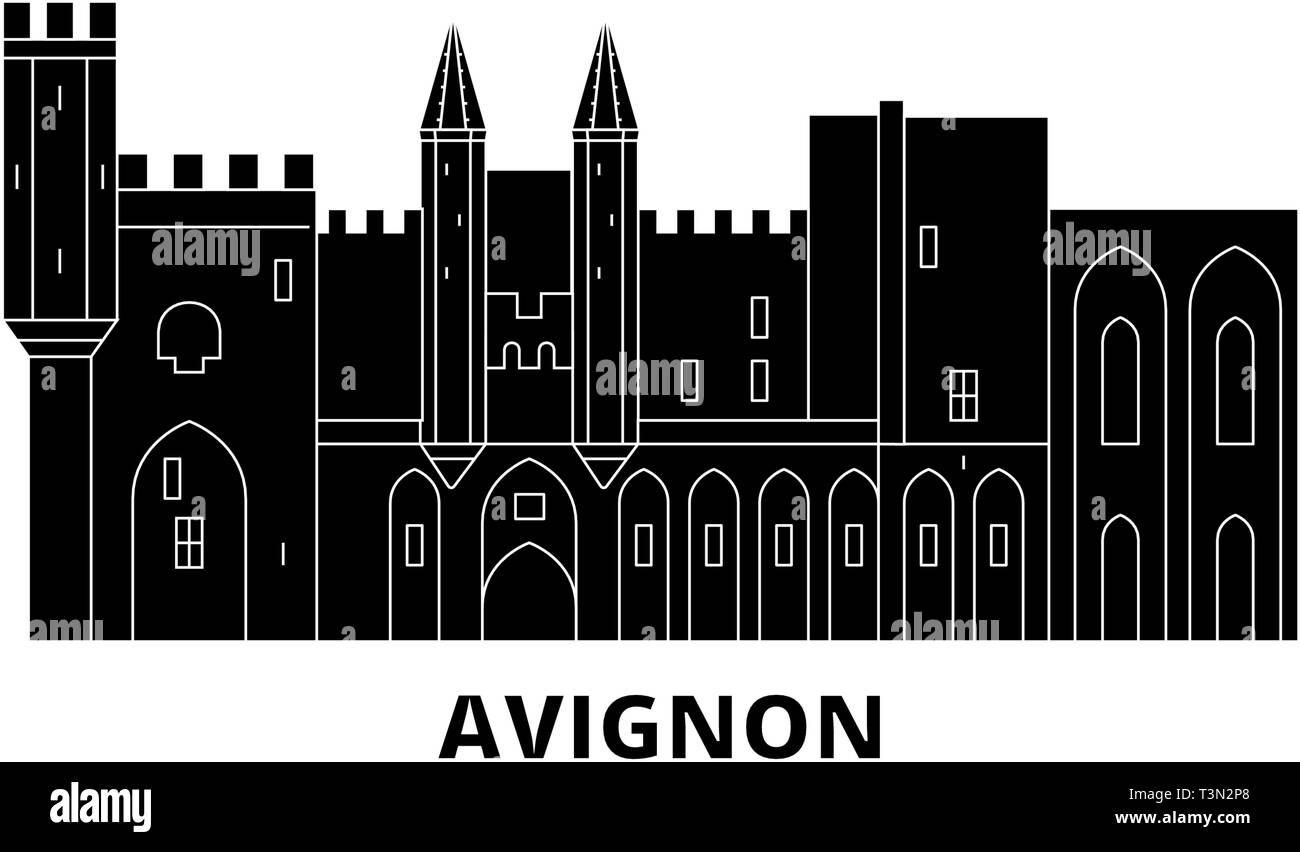 Francia, Avignon Landmark piatta sullo skyline di viaggio set. Francia, Avignon Landmark città nero illustrazione vettoriale, simbolo, siti di viaggi, punti di riferimento. Illustrazione Vettoriale