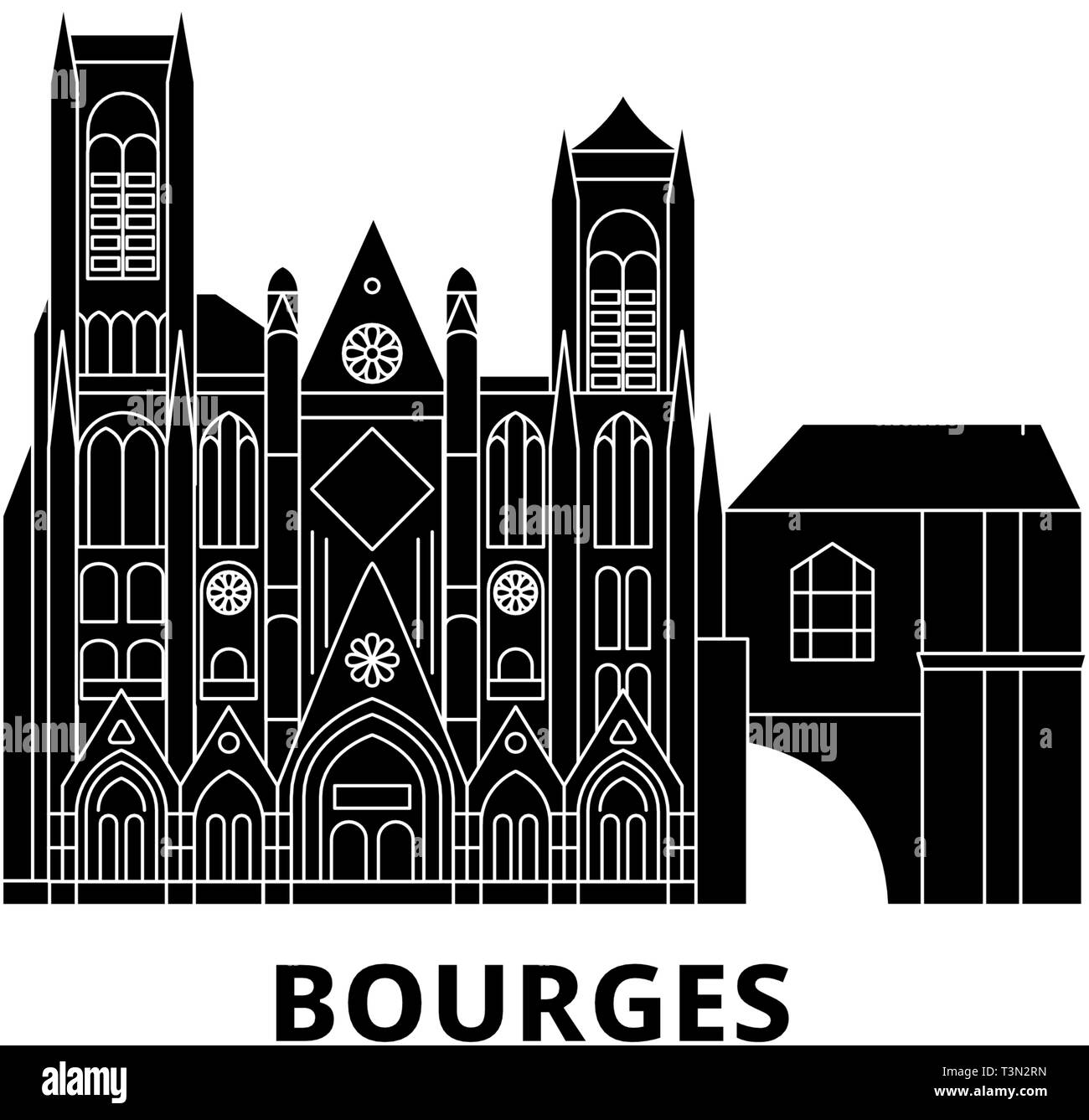 Francia, Bourges piatta sullo skyline di viaggio set. Francia, Bourges Città nero illustrazione vettoriale, simbolo, siti di viaggi, punti di riferimento. Illustrazione Vettoriale