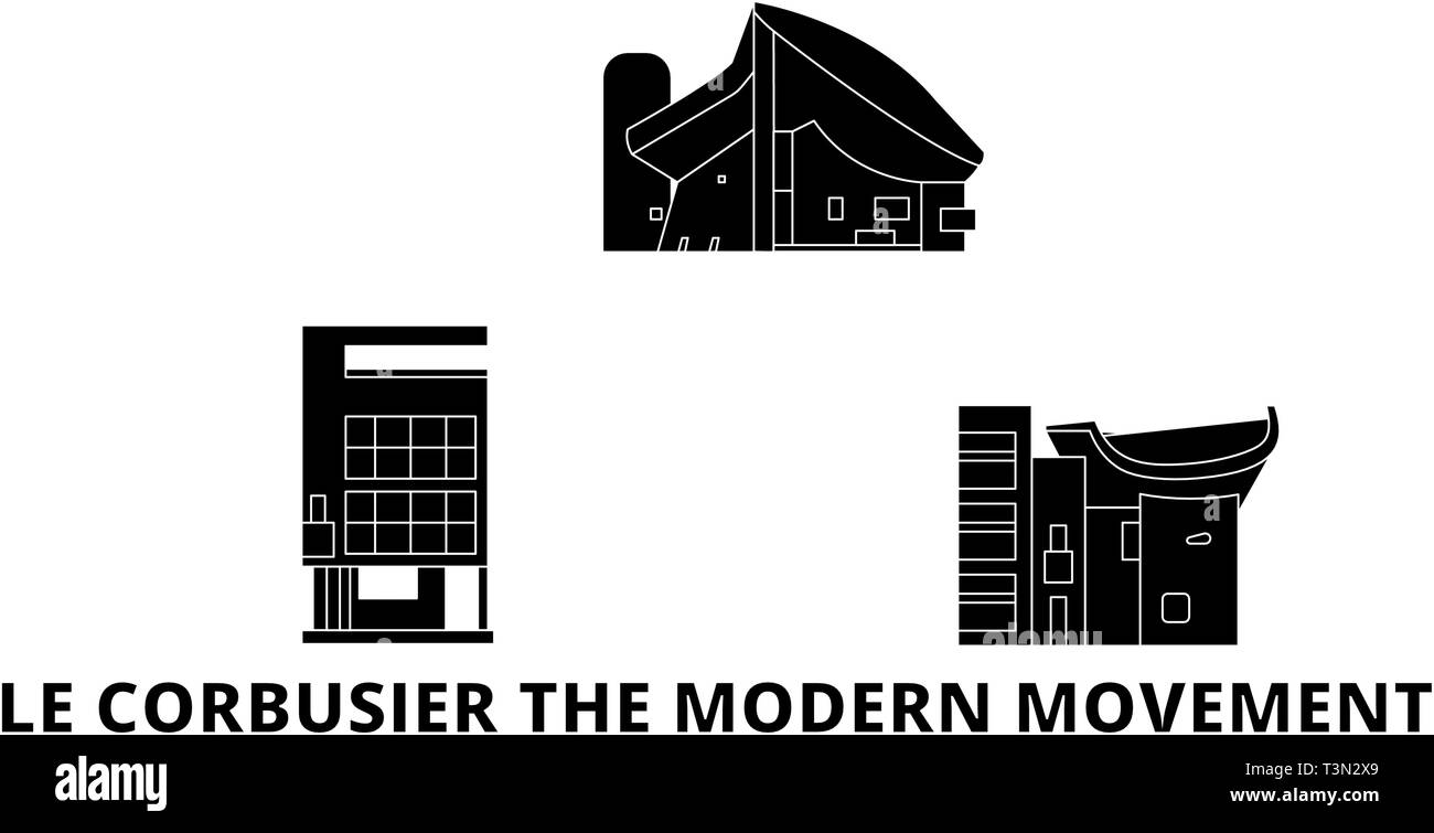 In Francia, Le Corbusier Movimento Moderno piatto dello skyline di marcia impostata. In Francia, Le Corbusier Movimento Moderno città nero illustrazione vettoriale, simbolo, viaggi Illustrazione Vettoriale