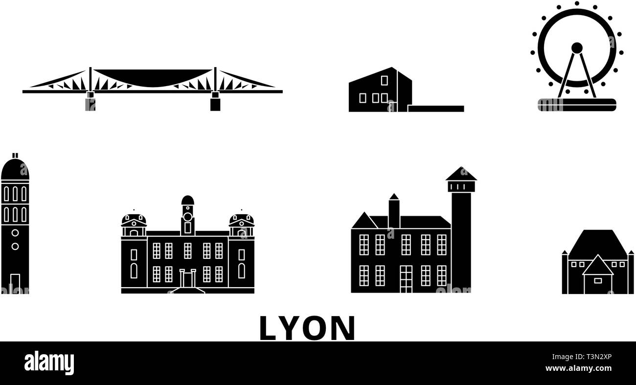 Francia, Lione piatto dello skyline di marcia impostata. Francia, Lione città nero illustrazione vettoriale, simbolo, siti di viaggi, punti di riferimento. Illustrazione Vettoriale