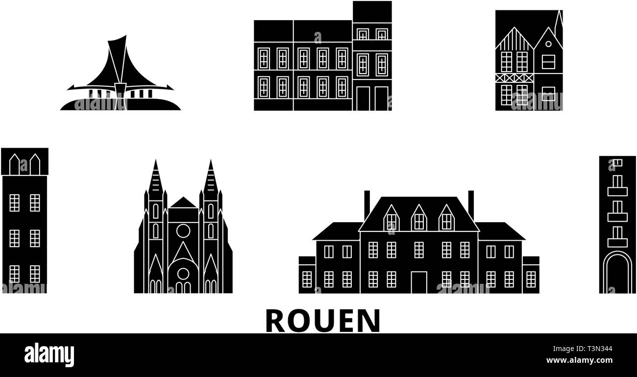 Francia, Rouen piatta sullo skyline di viaggio set. Francia, Rouen città nero illustrazione vettoriale, simbolo, siti di viaggi, punti di riferimento. Illustrazione Vettoriale