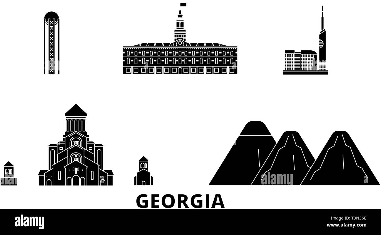 La Georgia piatta sullo skyline di viaggio set. La Georgia città nero illustrazione vettoriale, simbolo, siti di viaggi, punti di riferimento. Illustrazione Vettoriale