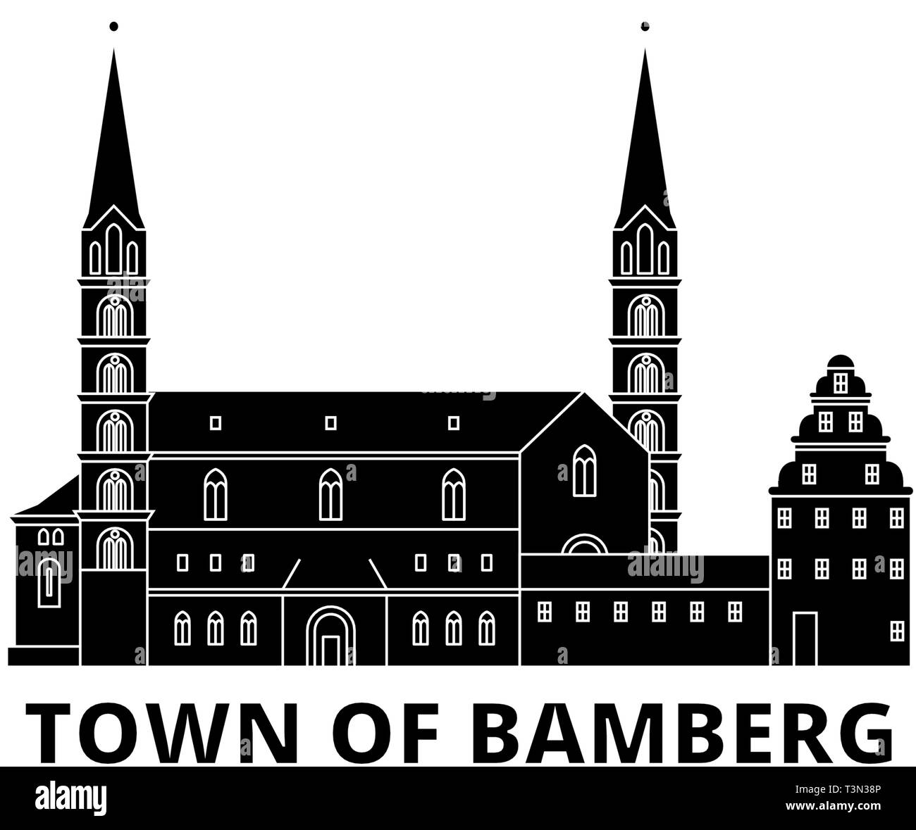 Germania Bamberg piatta sullo skyline di viaggio set. Germania Bamberg città nero illustrazione vettoriale, simbolo, siti di viaggi, punti di riferimento. Illustrazione Vettoriale