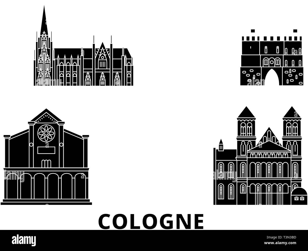 Germania, Colonia piatto dello skyline di marcia impostata. Germania, Colonia città nero illustrazione vettoriale, simbolo, siti di viaggi, punti di riferimento. Illustrazione Vettoriale