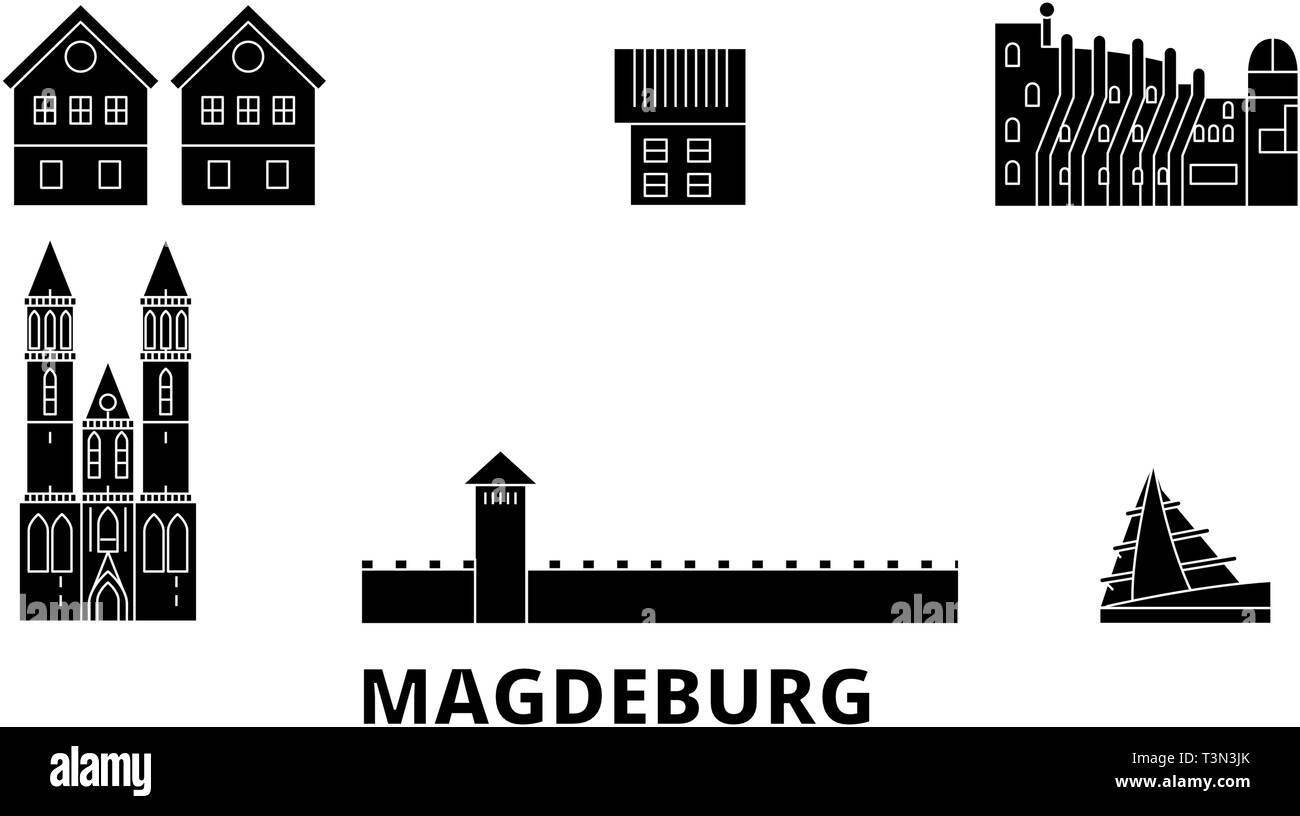 Germania, Magdeburg piatta sullo skyline di viaggio set. Germania, Magdeburg città nero illustrazione vettoriale, simbolo, siti di viaggi, punti di riferimento. Illustrazione Vettoriale