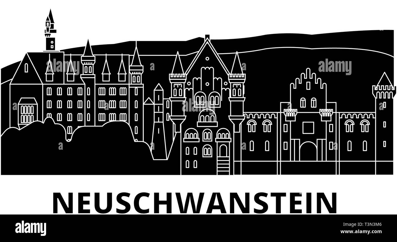 Germania, Neuschwanstein piatta sullo skyline di viaggio set. Germania, Neuschwanstein città nero illustrazione vettoriale, simbolo, siti di viaggi, punti di riferimento. Illustrazione Vettoriale