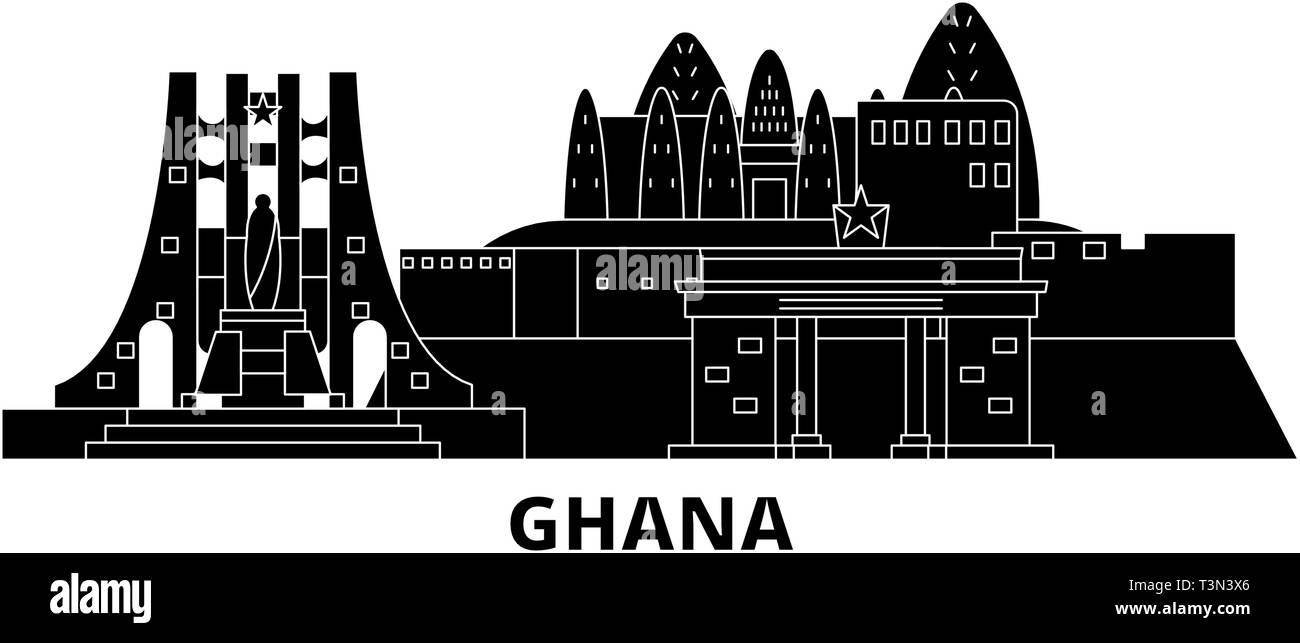 Il Ghana piatta sullo skyline di viaggio set. Ghana città nero illustrazione vettoriale, simbolo, siti di viaggi, punti di riferimento. Illustrazione Vettoriale