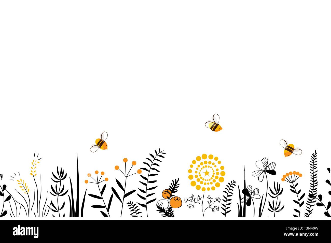 Natura del vettore senza cuciture con sfondo disegnato a mano le erbe selvatiche, fiori e foglie sul bianco. Doodle stile illustrazione floreale Illustrazione Vettoriale
