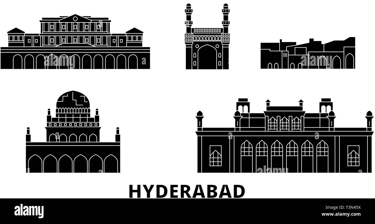 India, Hyderabad piatta sullo skyline di viaggio set. India, Hyderabad città nero illustrazione vettoriale, simbolo, siti di viaggi, punti di riferimento. Illustrazione Vettoriale