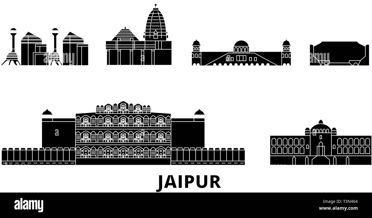 India, Jaipur piatta sullo skyline di viaggio set. India, Jaipur cittã nero illustrazione vettoriale, simbolo, siti di viaggi, punti di riferimento. Illustrazione Vettoriale