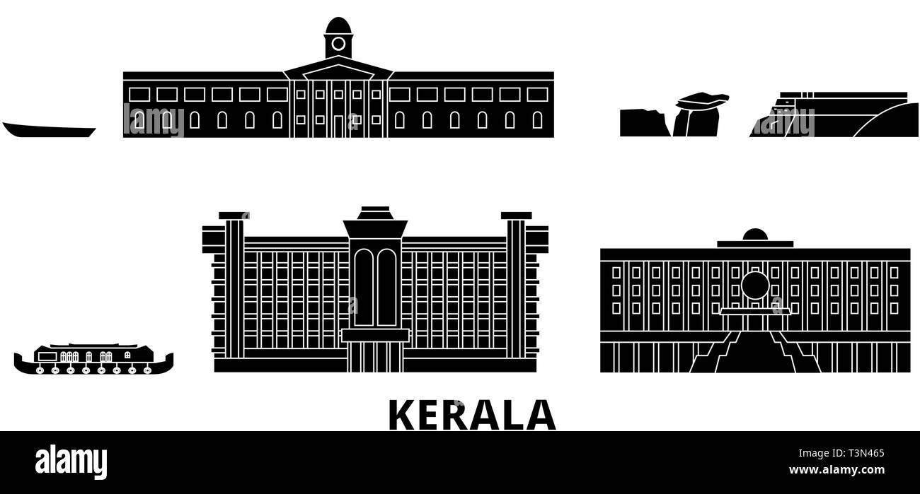 India Kerala piatta sullo skyline di viaggio set. India Kerala città nero illustrazione vettoriale, simbolo, siti di viaggi, punti di riferimento. Illustrazione Vettoriale