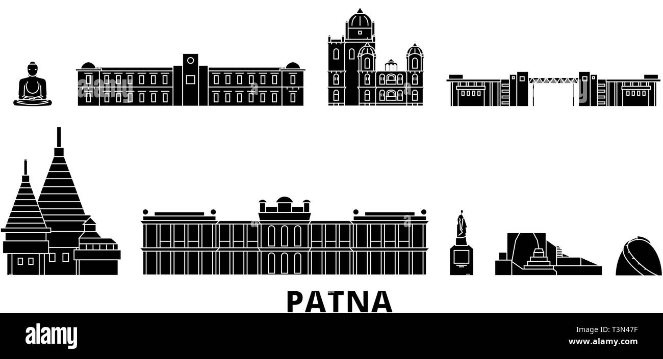 India, Patna piatta sullo skyline di viaggio set. India, Patna città nero illustrazione vettoriale, simbolo, siti di viaggi, punti di riferimento. Illustrazione Vettoriale