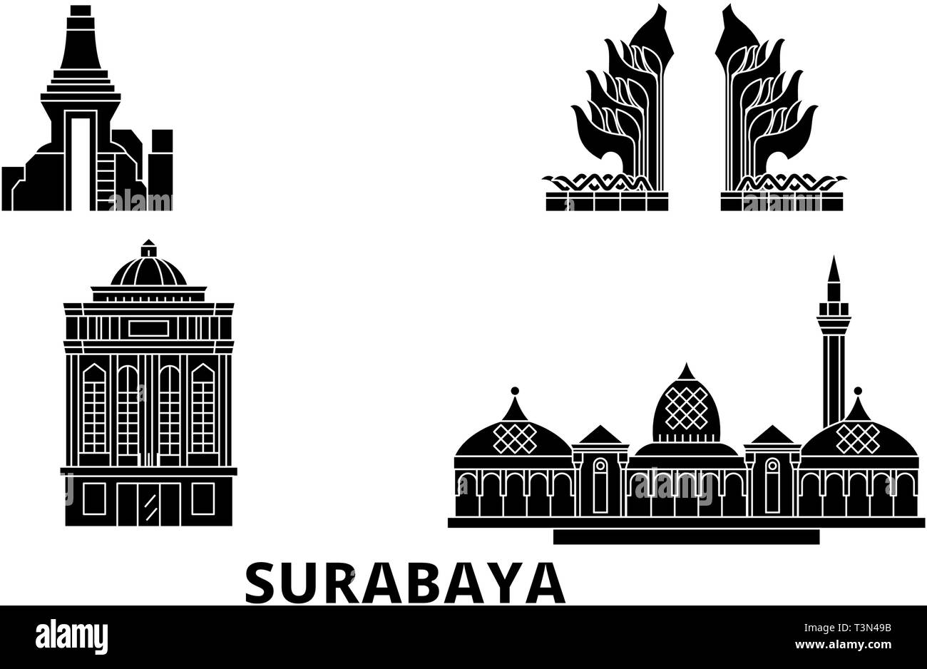 Indonesia, Surabaya piatta sullo skyline di viaggio set. Indonesia, Surabaya città nero illustrazione vettoriale, simbolo, siti di viaggi, punti di riferimento. Illustrazione Vettoriale